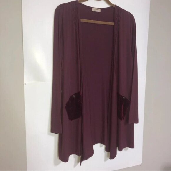 Mina et Bina Cardigan Open Front Lightweight Plum XL Velvet Pockets - Picture 3 of 9